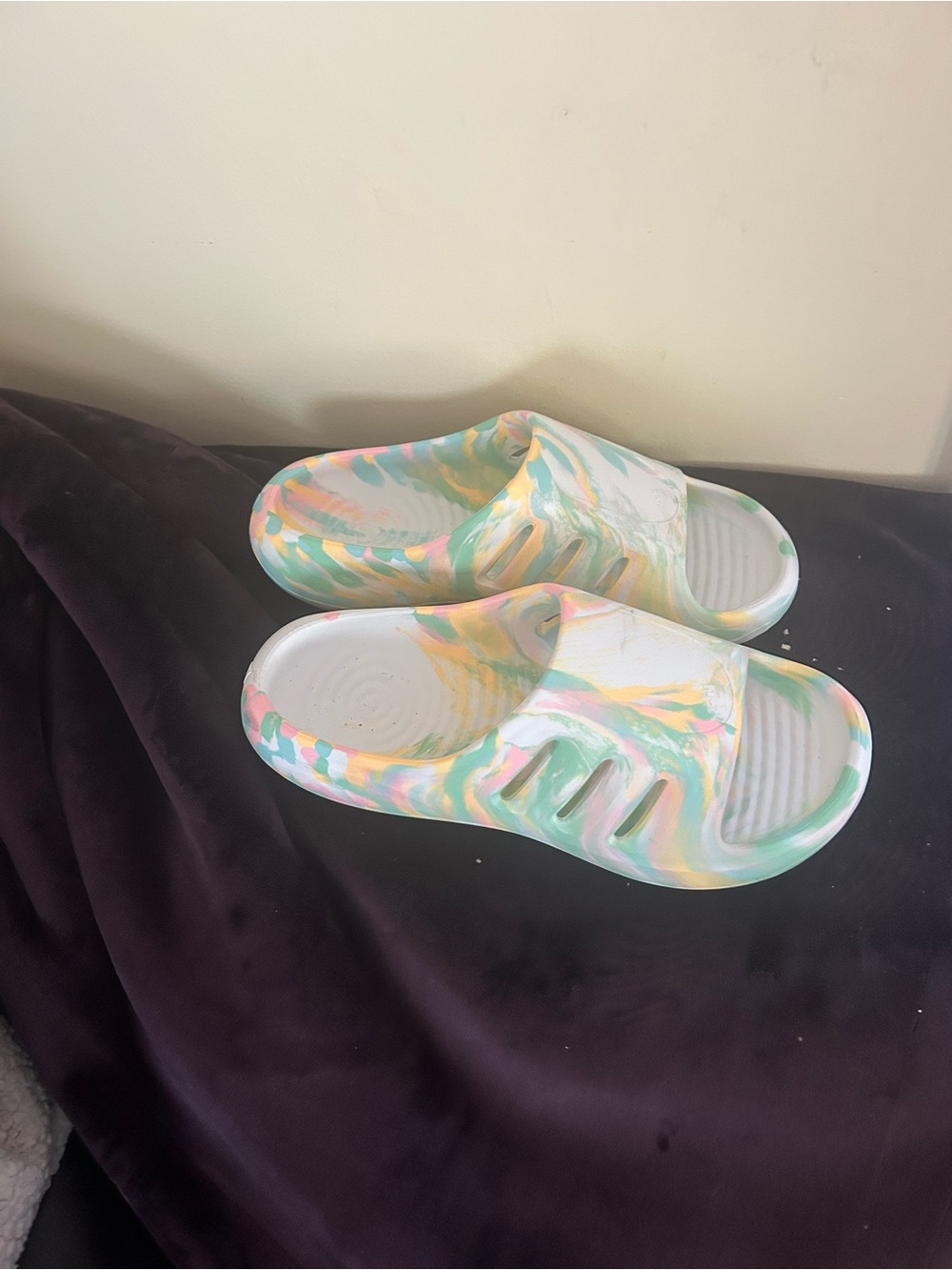 ADIDAS Marble Pastel Slide Sandals - White with Mint, Pink & Yellow